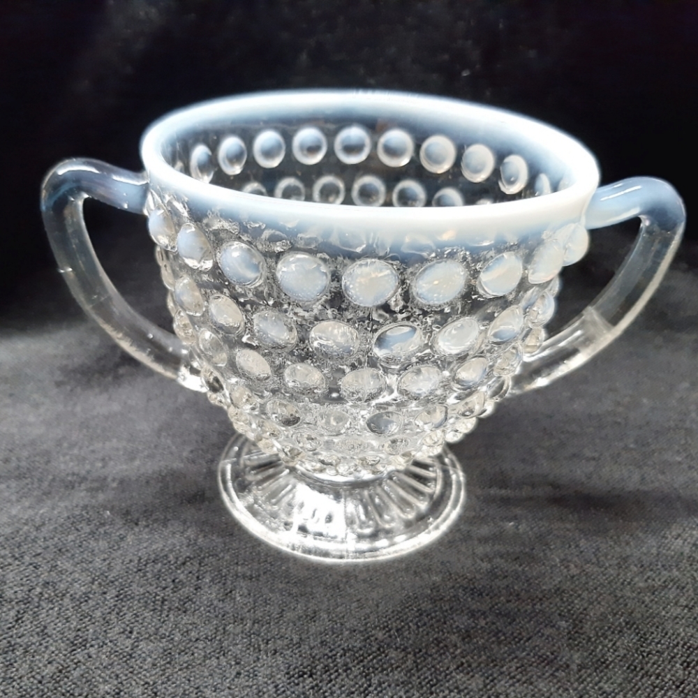 Fenton Hobnail Iridescent white sugar bowl.